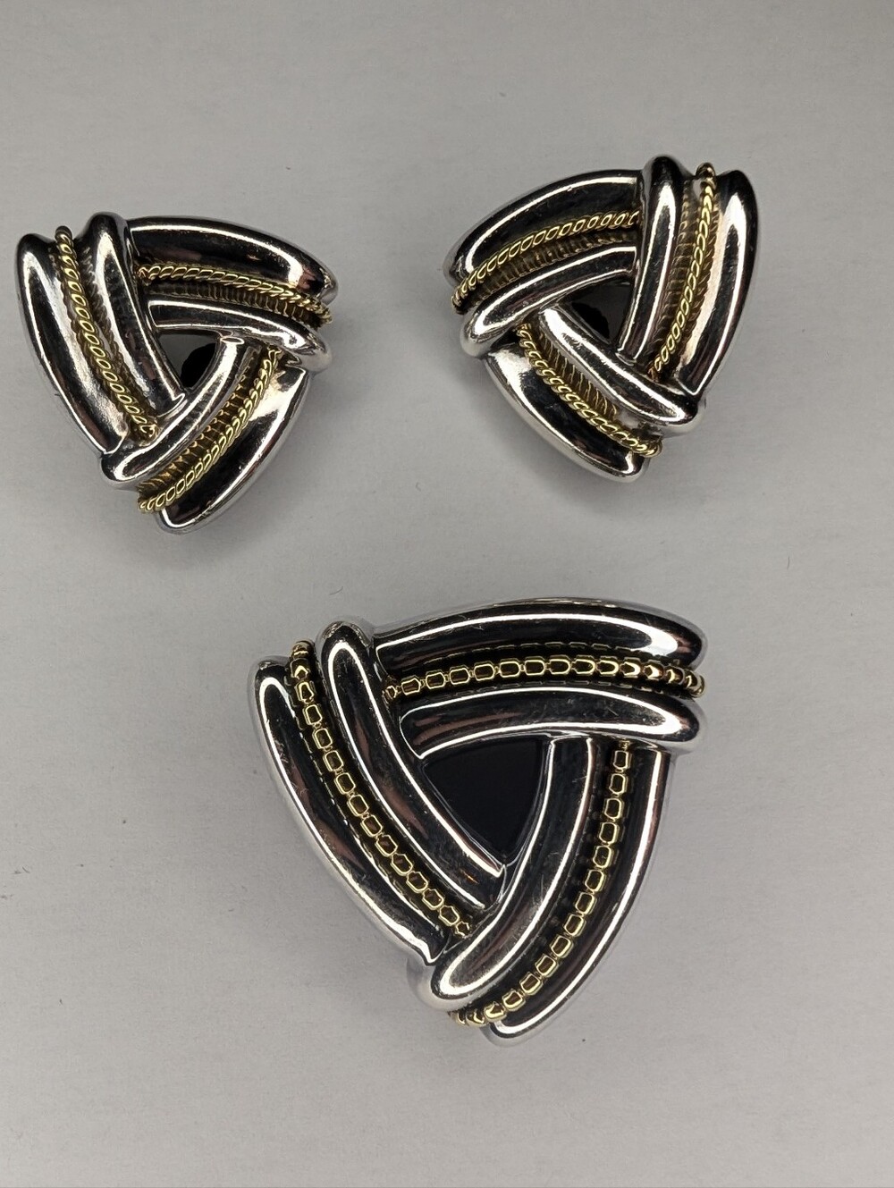 Vtg Rare Birks Sterling Silver & 18k Yellow Gold Triangular Brooch And Earrings